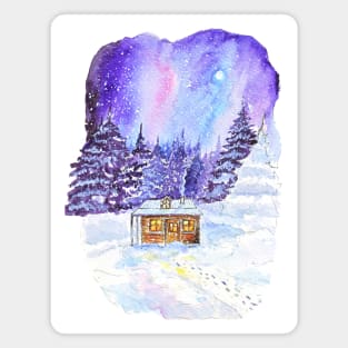 Snowy Night: Watercolor Winter Landscape with Cozy Cottage Magnet